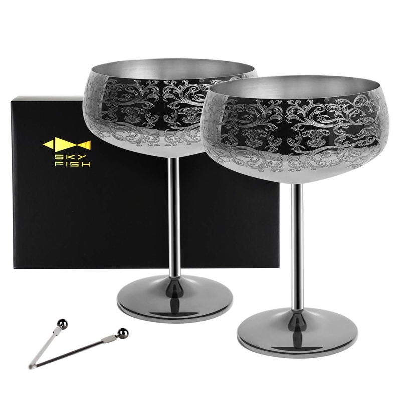 Skyfish Sky Fish 14 oz Etching Martini Cocktail Glasses,Black Plated Stainless Steel Set Of 2 With 2 Cocktail Picks - Image 1